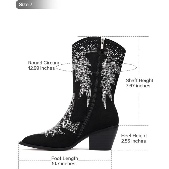 Women Polyurethane Ankle Black Pointed Toe Chunky Heel Rhinestone Tall Boot - Picture 3 of 8